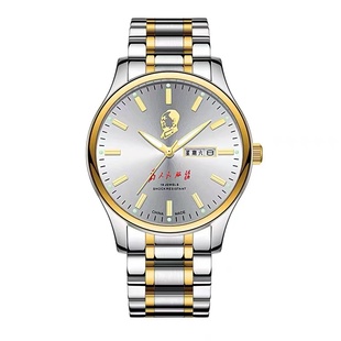 老上海风格男士双日历精钢夜光防水复古为人民服务送礼中老年手表