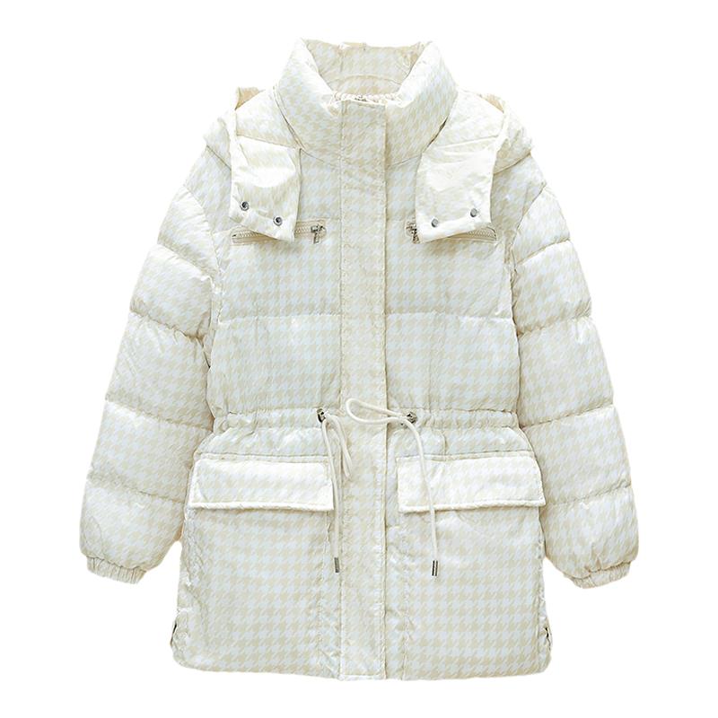2025冬季新款女装千鸟格子羽绒棉服女中长款连帽宽松加厚保暖外套