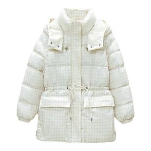 2025冬季新款女装千鸟格子羽绒棉服女中长款连帽宽松加厚保暖外套