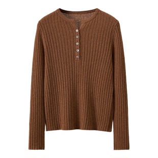 春竹秋冬新款100%山羊绒圆领合体坑条长袖纯色百搭女士羊绒衫