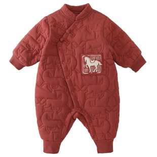 马宝宝婴儿衣服秋冬红色喜庆拜年服加厚保暖棉服夹棉新生儿连体衣