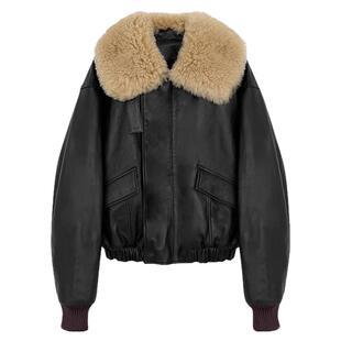 刘雯同款牛皮冬季飞行夹克加棉加厚lem同款时尚皮毛一体毛领外套