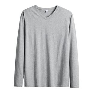 美式重磅春季2026男士纯棉V领长袖t恤上衣服白内搭体恤潮流打底衫