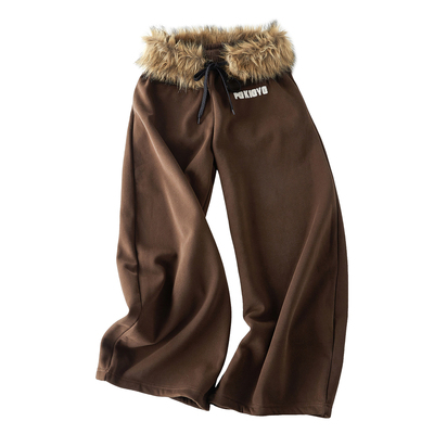 美式可拆卸腰身毛领加绒阔腿裤女