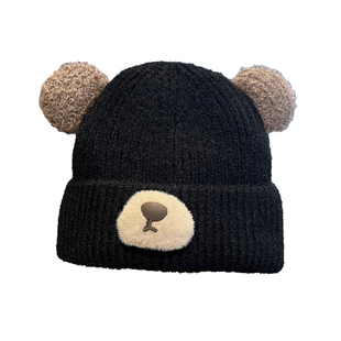 可爱小熊毛线帽女冬季加绒加厚针织帽大头围防寒保暖护耳卡通帽子