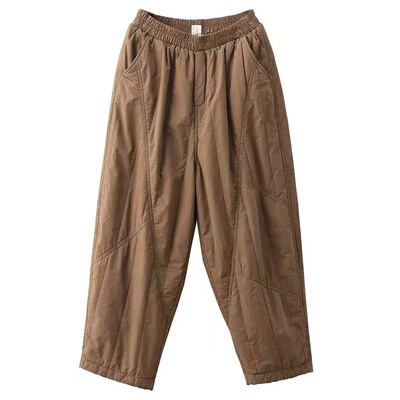 2025冬季新款高支新疆棉加厚夹棉棉裤女松紧腰内里格纹保暖哈伦裤