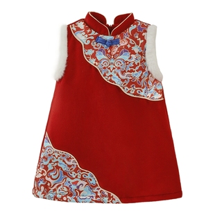 国风新年裙女童过年衣服大童2026新款宝宝红色唐装加绒儿童背心裙