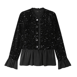白鹿语优雅重工亮片丝绒上衣秋款复古拼接木耳边长袖女式衬衫