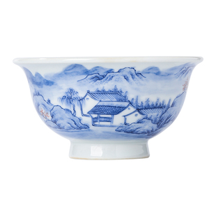 景德镇官方陶瓷青花釉里红釉下手绘山水压手杯茶杯茶具高档礼盒装