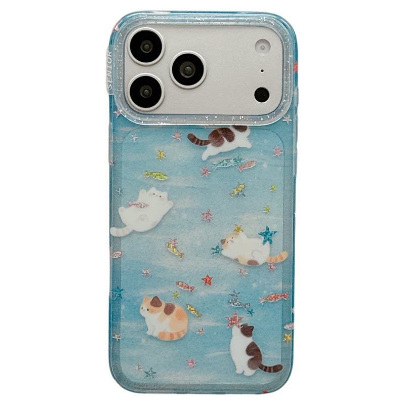 MoreRex ins可爱蓝色细闪鎏金猫咪适用苹果18手机壳iphone17promax新款18pro全包15防摔保护套14女款16带链条