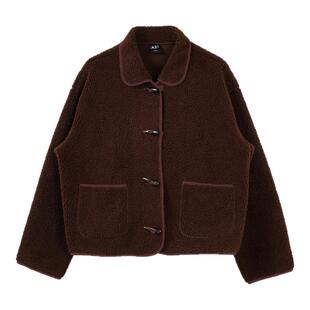 A21女装宽松翻领落肩开胸毛绒外套时尚洋气休闲百搭毛绒夹克外套