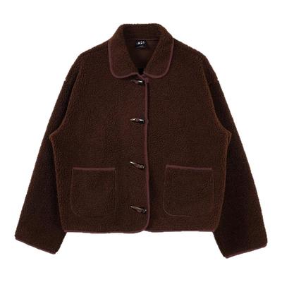 A21女装宽松翻领落肩开胸毛绒