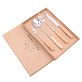 木柄西餐餐具套装牛排刀叉两件套不锈钢勺子筷子三四学生便携礼盒