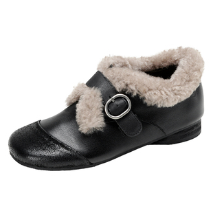 MILLIE'S/妙丽冬季毛毛鞋女外穿加绒玛丽珍单鞋拼接皮带扣豆豆鞋