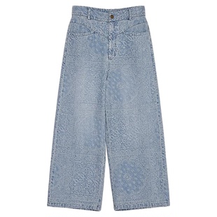 【蔓影生花】软糯丝滑 冰凉垂顺 腰果提花天丝牛仔裤 做旧浅蓝色