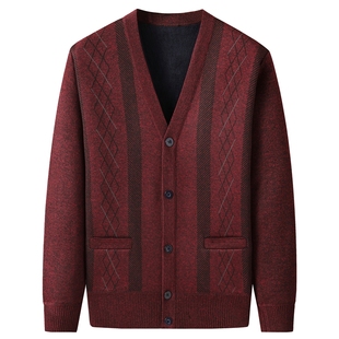 秋冬季爸爸装加绒加厚针织毛衣开衫中老年人男士冬装保暖外套上衣