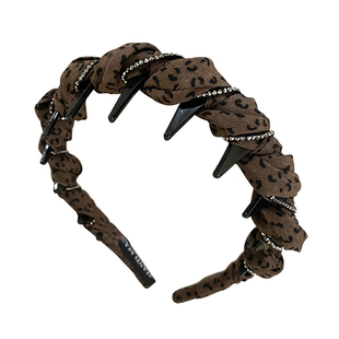 复古豹纹布艺水钻带齿发箍女款日常外戴洗脸发卡洋气时尚防滑头箍