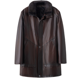 真皮山羊皮衣男中长款翻领大衣可拆卸貂毛领可脱鸭绒内胆貂皮外套