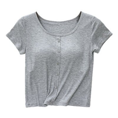 螺纹薄款带胸垫短袖T恤衫女文胸一体内衣防走光免穿文胸打底上衣