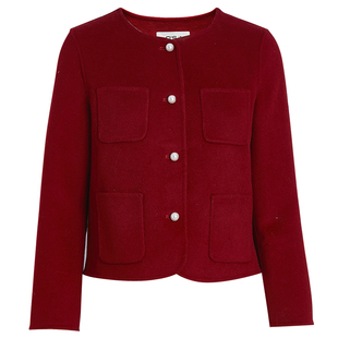 qs秸熙秋冬新款复古小香风红色双面呢大衣保暖绵羊毛短款上衣外套