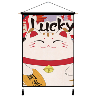 日式招财猫棉麻布艺ins猪年挂画挂布玄关背景布卧室客厅挂毯挂件