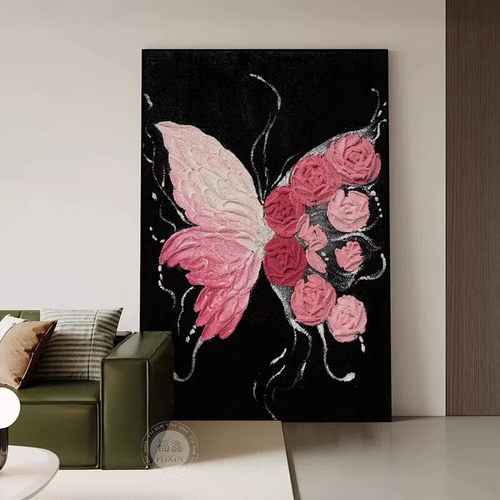 法式现代风粉色蝴蝶背景墙壁画客厅挂画餐厅玄关房间卧室装饰画