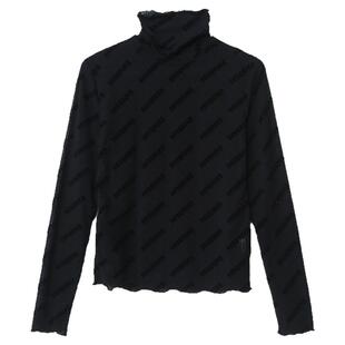 黑色高领打底衫女秋冬欧货植绒网纱上衣紧身内搭长袖t恤洋气小衫