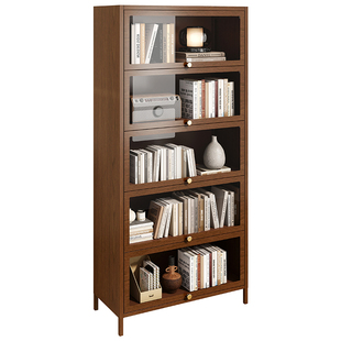 YDD伊芙 非实木书柜钢制防尘带玻璃书架置物带门客厅中古风胡桃色