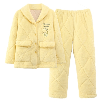 都市丽人珊瑚绒三层夹棉睡衣女士秋冬季加绒加厚款保暖家居服套装