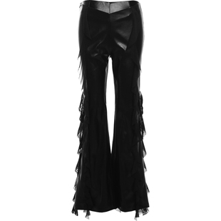 SylCue 酷飒机车风设计感荷叶边不规则黑色皮裤女显瘦微喇阔腿裤