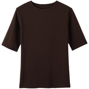 纯棉中袖t恤女春装2025新款修身五分袖半高领打底衫洋气内搭上衣