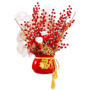 2026马年元宵新年装饰福桶红果花桶春节商场银行桌面场景布置摆件