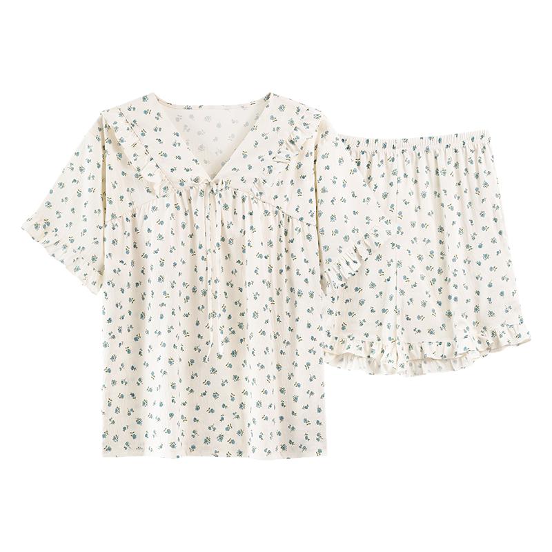 浪莎自带胸垫睡衣女夏季云朵棉短袖短裤可外穿甜美女士家居服套装