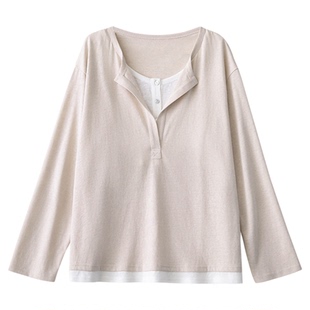 CV大码女装早秋新款慵懒感撞色假两件针织T恤宽松落肩长袖女胖mm