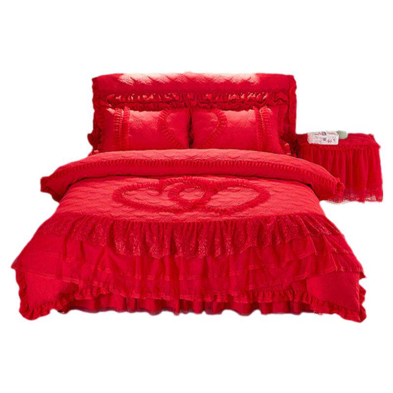婚庆大红色床裙四件套结婚被子夹棉床罩款床上蕾丝花边床单被罩套