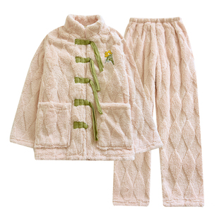 新中式舒棉绒睡衣女士秋冬加厚珊瑚绒国风家居服套装加绒保暖宽松