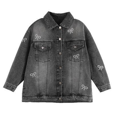 NNGZ设计师女童蝴蝶结牛仔外套春季水洗复古儿童夹克童装洋气上衣