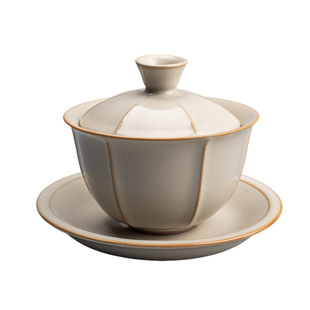 陶迷黄汝窑盖碗陶瓷三才碗开片可养茶具大号中式茶碗复古泡茶杯