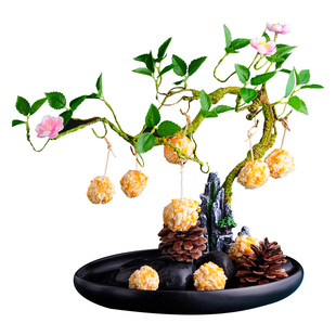 网红仿真假山花树菜点缀意境 妃子笑冷菜装饰 荔枝虾球创意餐具