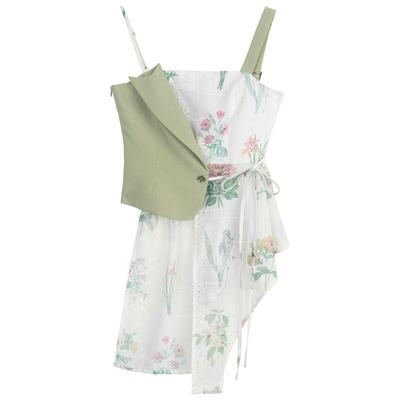 KEIKO 设计感绿色拼接吊带上衣女2025夏季不规则荷叶边外穿小背心