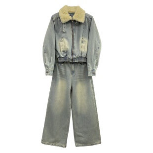 新款港风复古羊羔毛领拉链羽绒服牛仔外套阔腿裤时髦穿搭两件套女