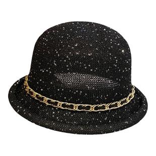 夏季薄款亮片圆顶盆帽女款卷边英伦复古显脸小礼帽镂空透气渔夫帽