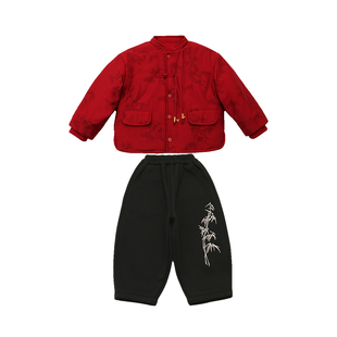 男童加绒加厚汉服套装冬装男孩过年中国风红色儿童拜年服周岁唐装