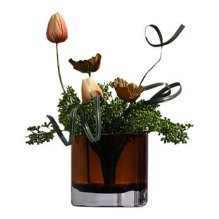 妖及 轻奢玻璃茶色花瓶小花花艺 酒店茶水间洽谈桌茶几装饰摆件