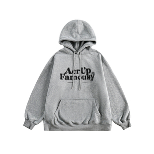 男道秋冬重磅模糊字母连帽加绒印花卫衣男士美式宽松高街套头上衣