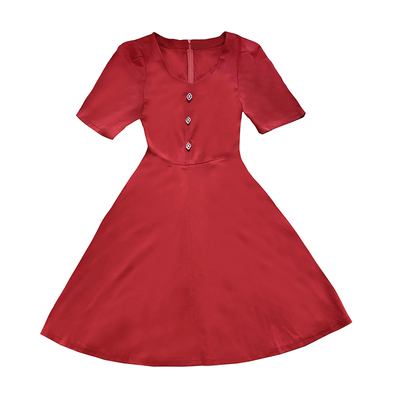 赫本风方领短袖小红裙收腰高级感