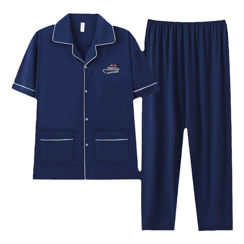 加肥加大码男士开衫睡衣纯棉质夏季短袖长裤家居服夏天薄款套装