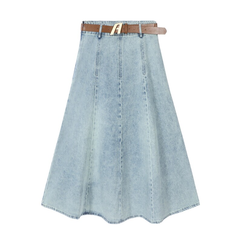 Basic House/百家好水洗牛仔半身裙夏新款复古高腰中长款A字伞裙
