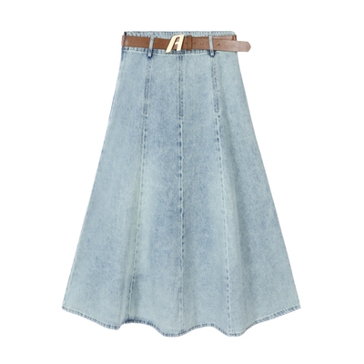 Basic House/百家好水洗牛仔半身裙夏新款复古高腰中长款A字伞裙