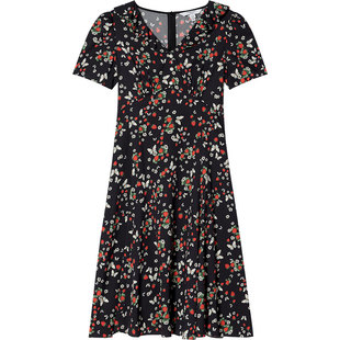 LK BENNETT黑色碎花连衣裙2025年夏新款v领法式复古荷叶边收腰中